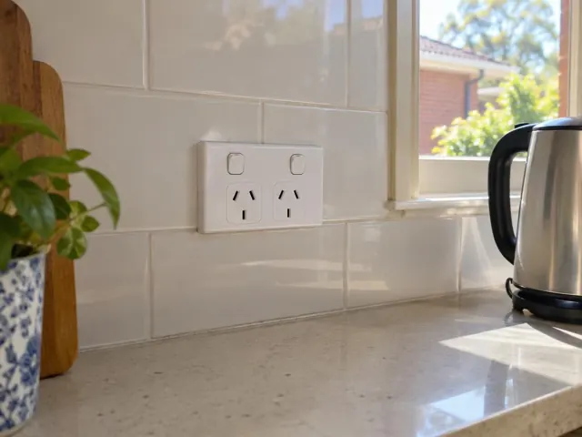 Double power point on a tiled kitchen splashback beside a countertop and window in Gladesville