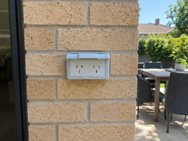 Outdoor double power point on a brick exterior wall beside a patio in Putney