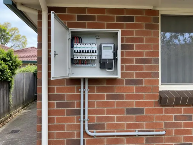 Open exterior switchboard on a brick wall beside a window and pipework in West Ryde